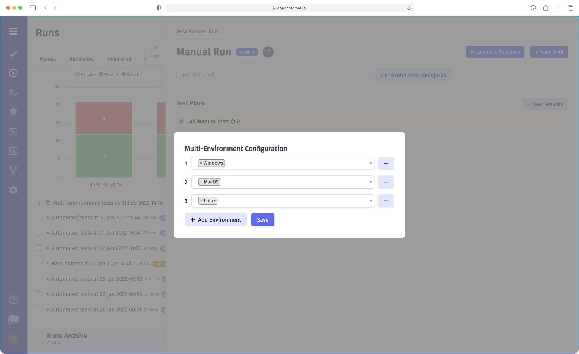 Test Management Multi-environment configuration of test execution