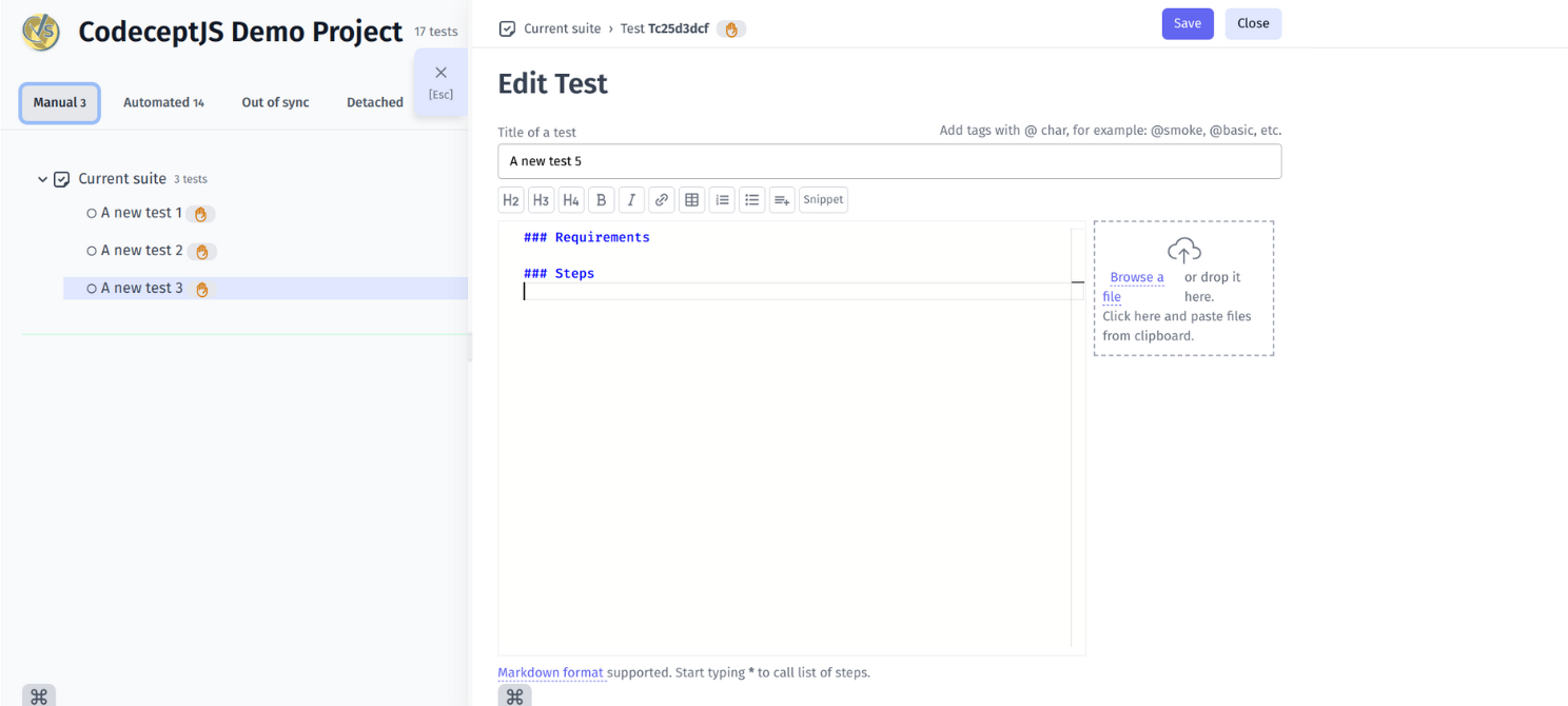 Writing tests manually in TMS