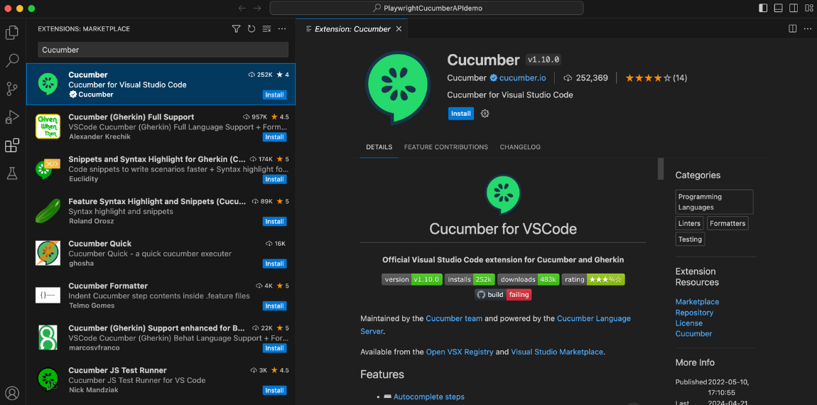 Cucumber extensions for VSCode