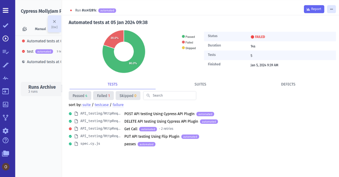 Cypress test report of run execution