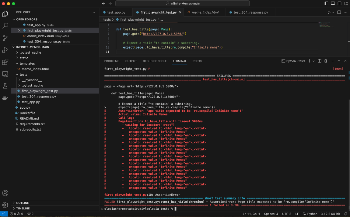 Automation test Flask application with Playwright code example