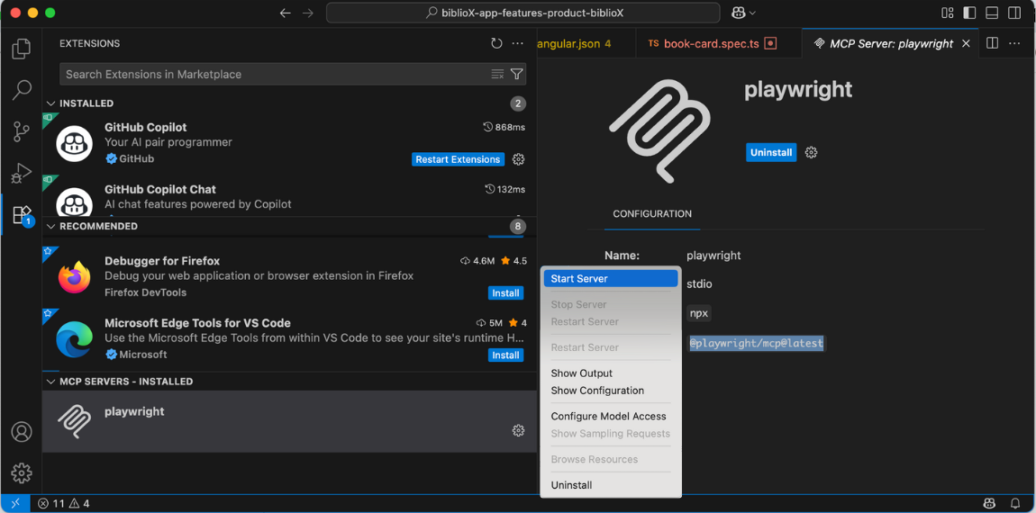 Running MCP Playwright from VSCode interface menu picture