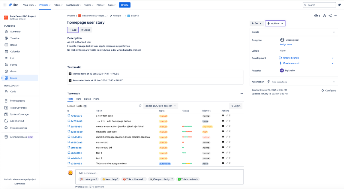Tests and sets linked to a specific user story