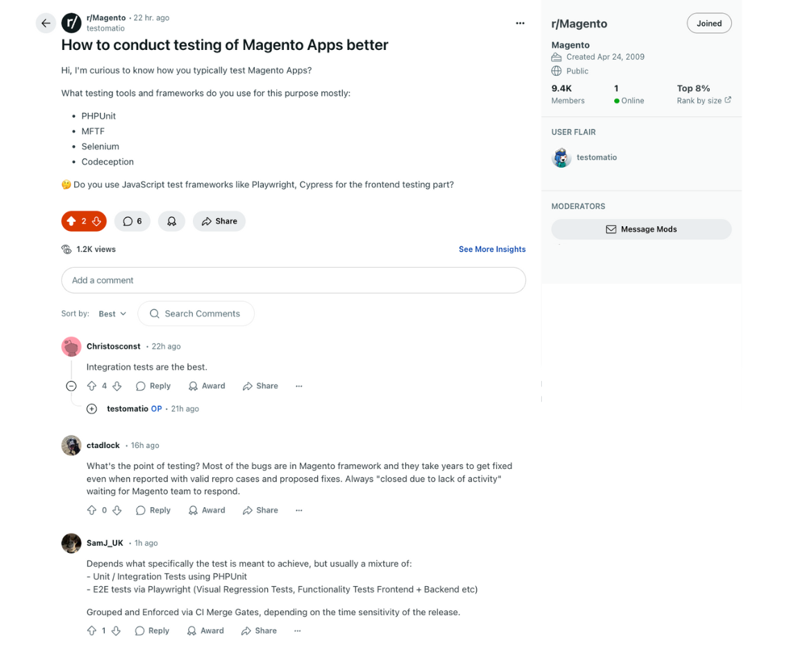 Magento testing comments subreddit screen