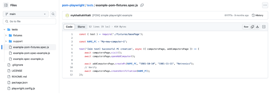 Playwright fixture and POM example