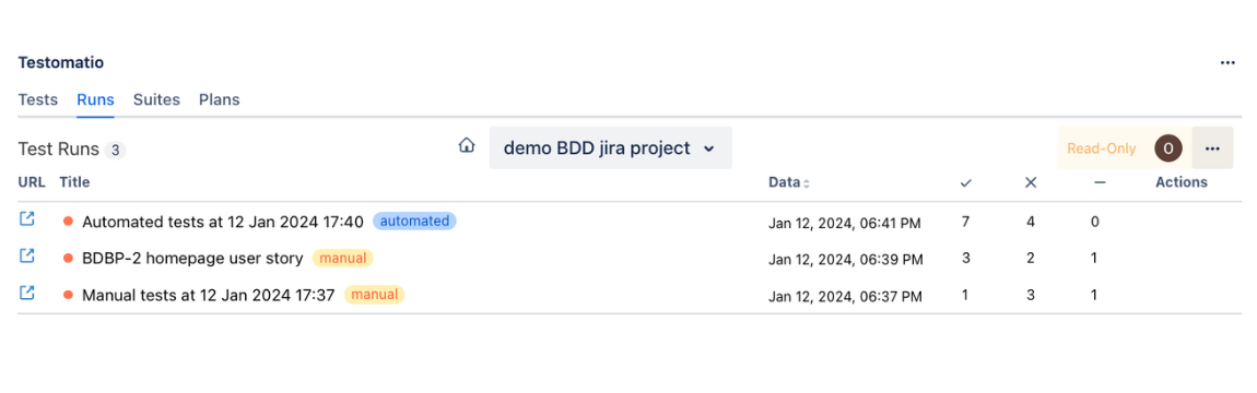 The Demo BDD Jira project in Testomatio