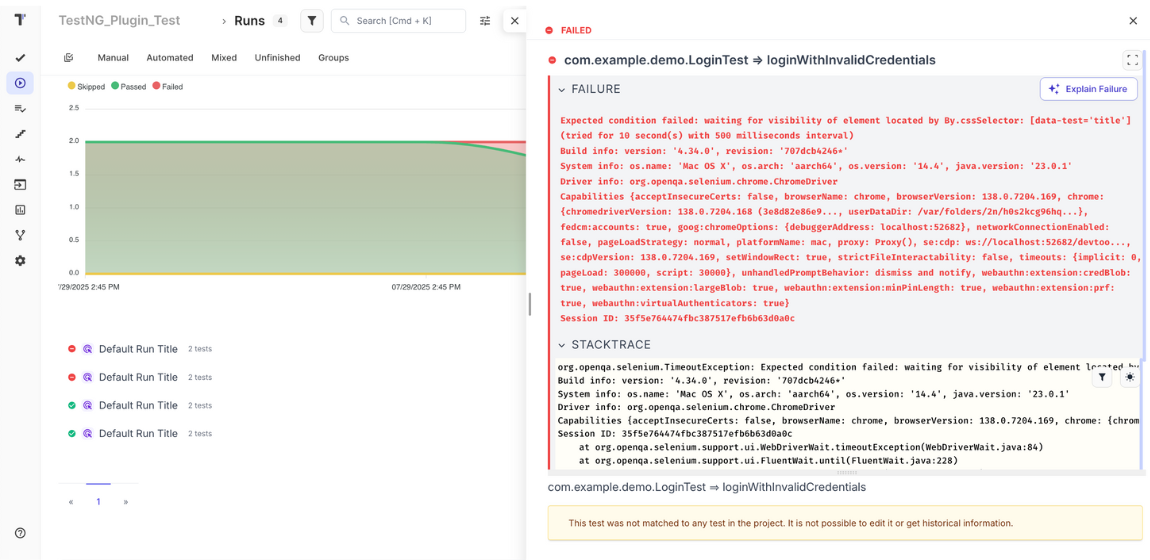 Stack trace and exception TestNG test screenshot