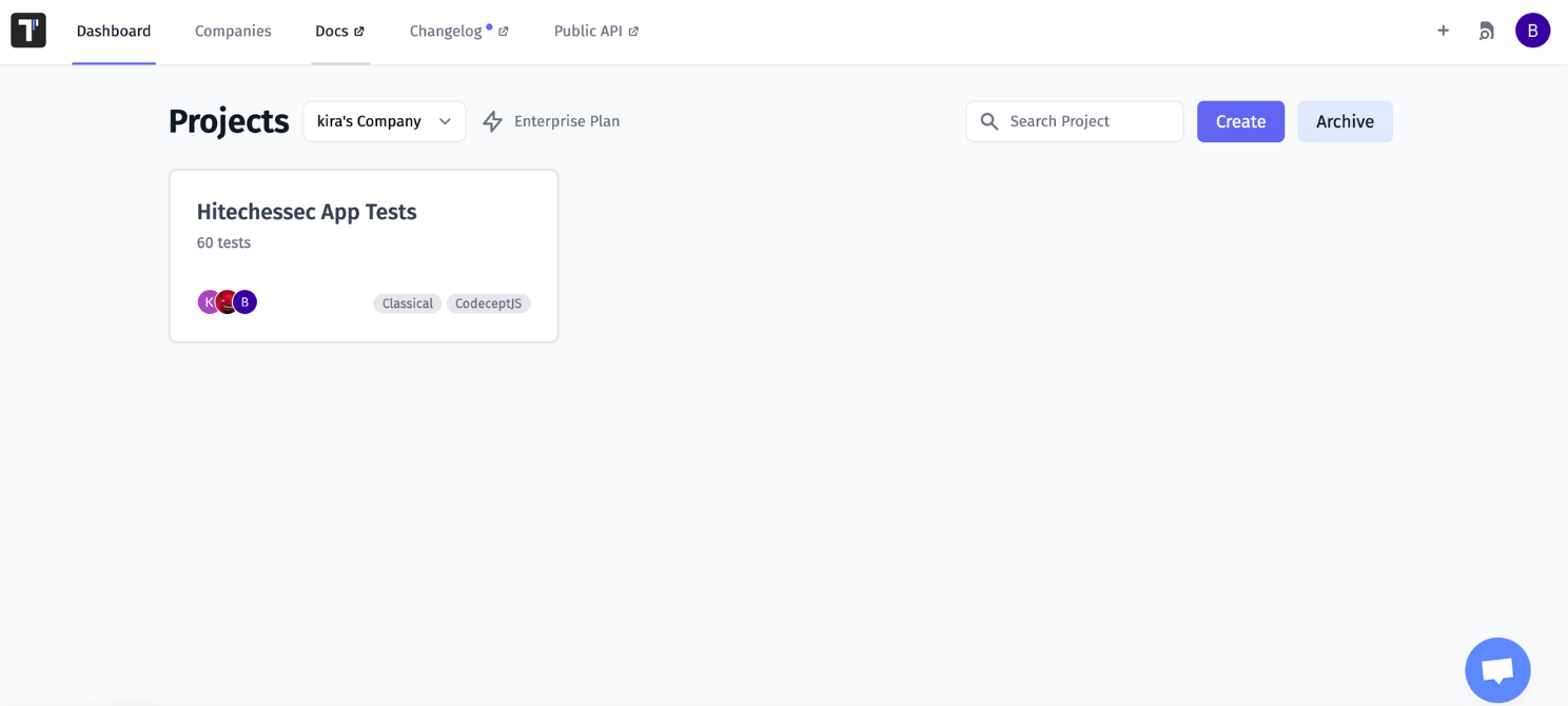 page with all the test suites of the project