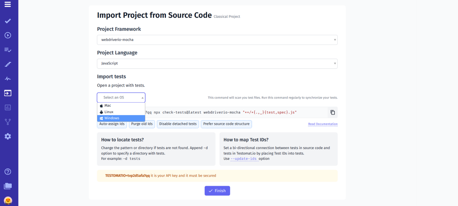 Generate API key and import autotests